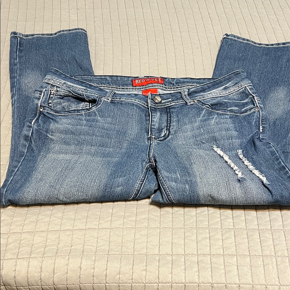 Red Rivet Light Blue Distressed Boyfriend Jeans